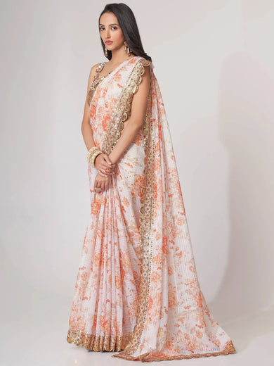 Gorgeous White Floral Printed Organza Party Wear Saree With Blouse